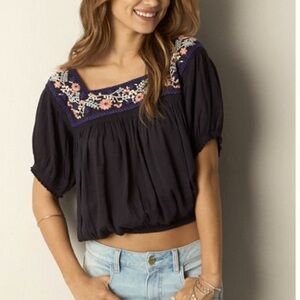 American Eagle Outfitters Navy Blouse with Floral Detail